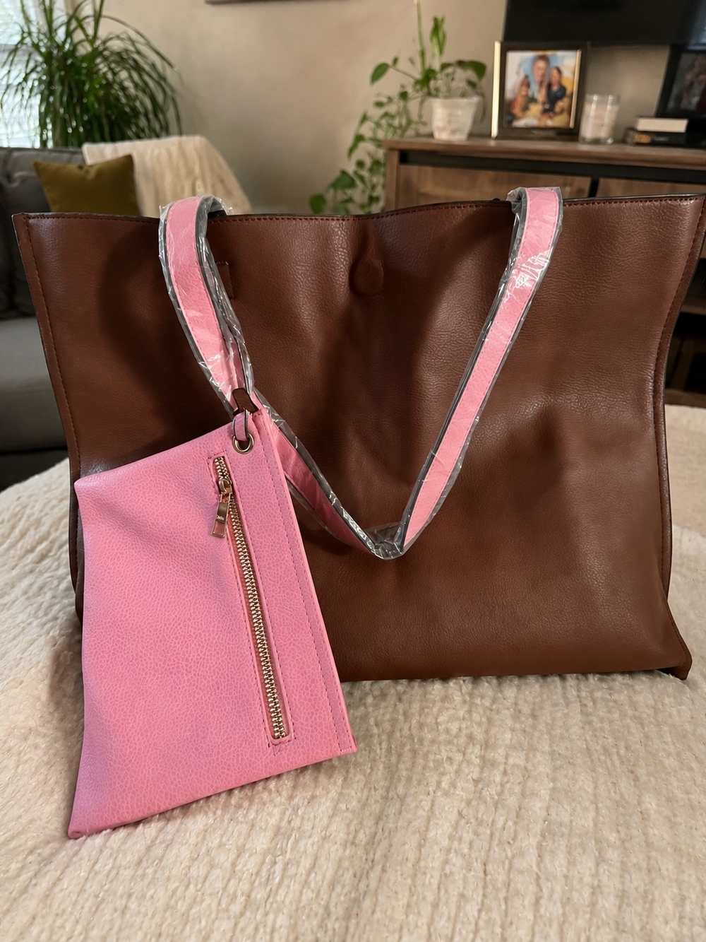 Brown Leather Tote with Pink Pouch and Trimmed Straps